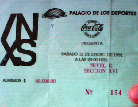 Boleto de INXS en su presentación en México el 12 de enero de 1991
